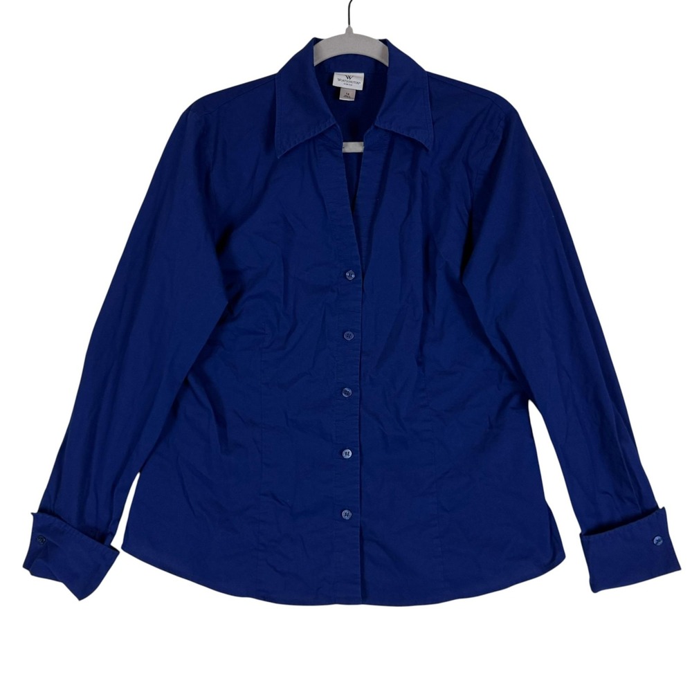 Worthington Button Up Shirt Womens 14 Blue Stretch Long Sleeve Collared Top